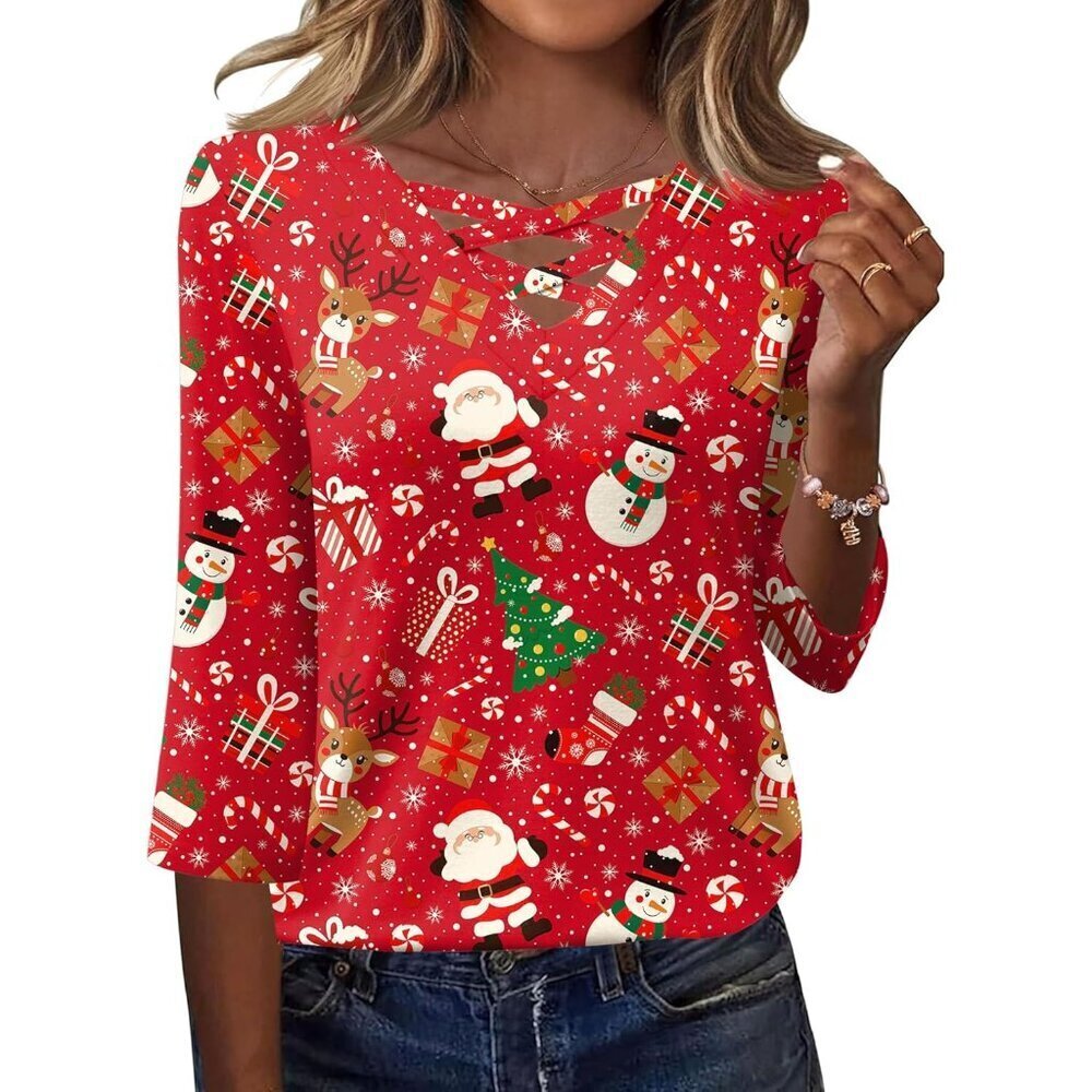 Women Blouses Casual Summer Tops 3/4 Sleeve V Neck Cross Detail Breathable